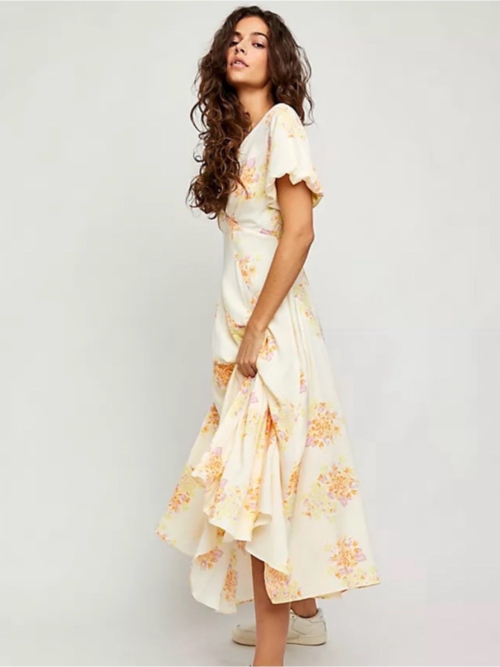 Free People Laura Yellow Maxi Dress w/lavender,orange & Pink Floral Print size L - Picture 8 of 17